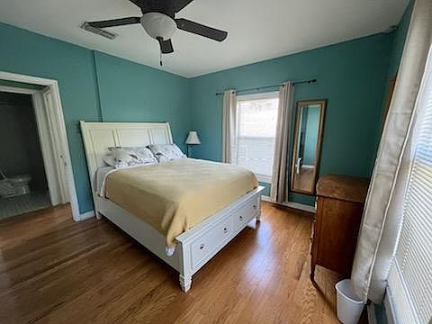 This is the largest (first) bedroom in the house. It has a queen bed, dresser, desk and closet.
