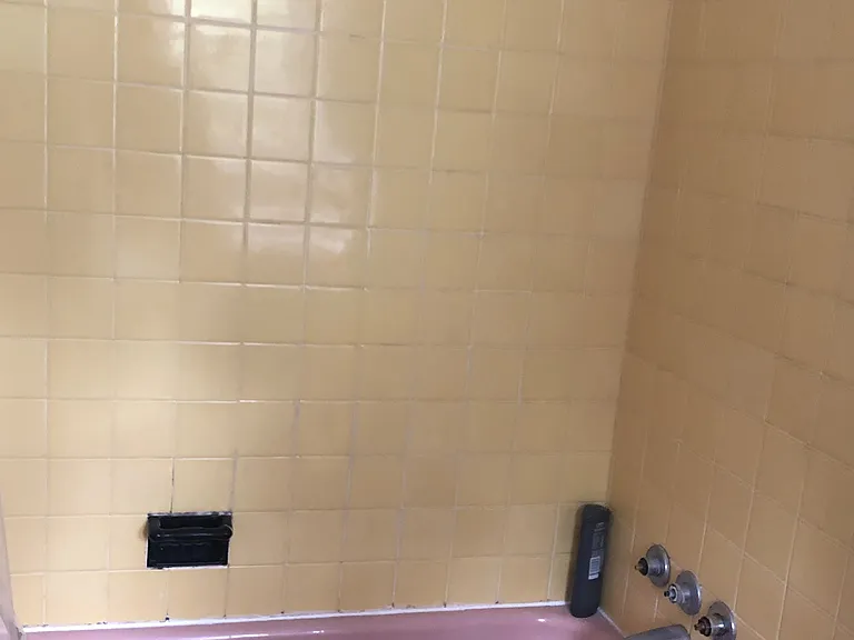 Bathroom with vintage medicine cabinets, shower/tub combo and vanity with storage space.
