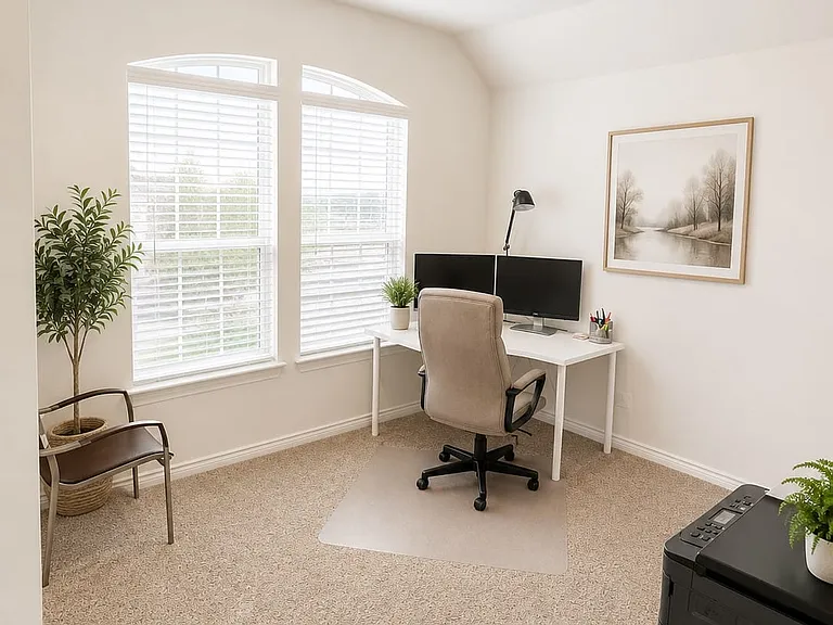 Bright interior space with neutral carpeting, arched windows, recessed lighting, and white walls
