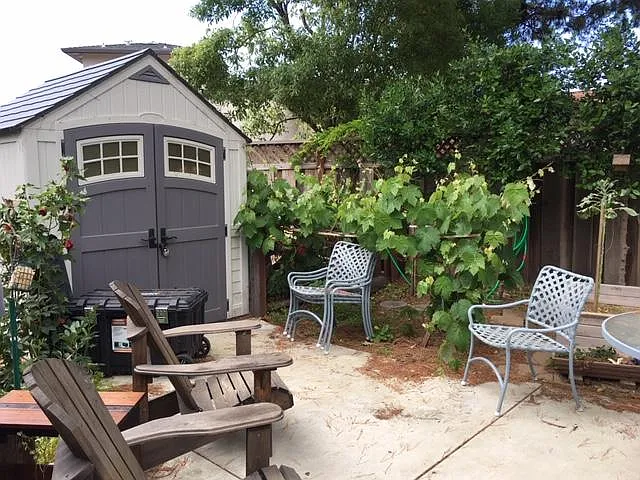 Storage shed, patio area and gardening space