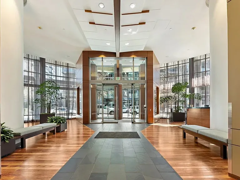 Gorgeous lobby with fireplace.