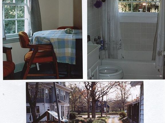 Top left: Dining table in Kitchen. Full Bath with view west towards neighbors' yards. Bottom: View up access driveway towards Benton Ave.