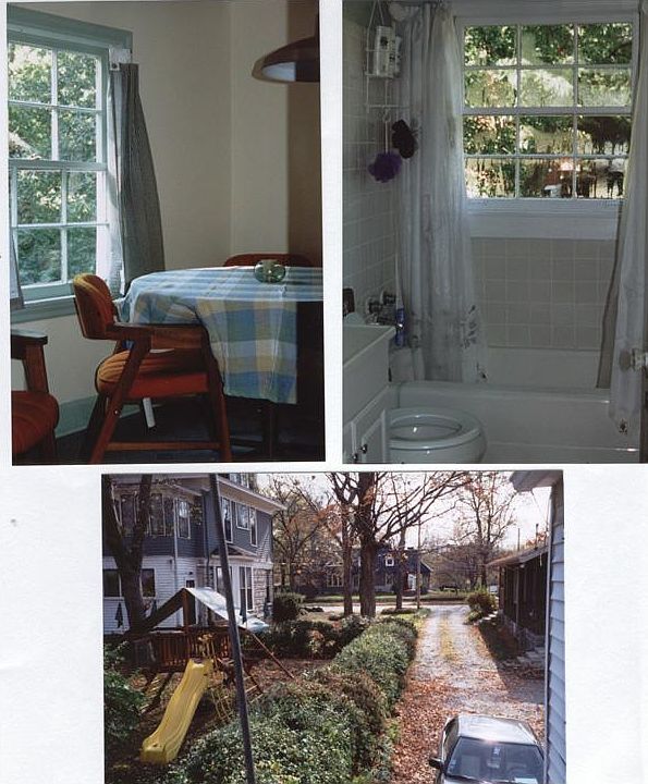 Top left: Dining table in Kitchen. Full Bath with view west towards neighbors' yards. Bottom: View up access driveway towards Benton Ave.
