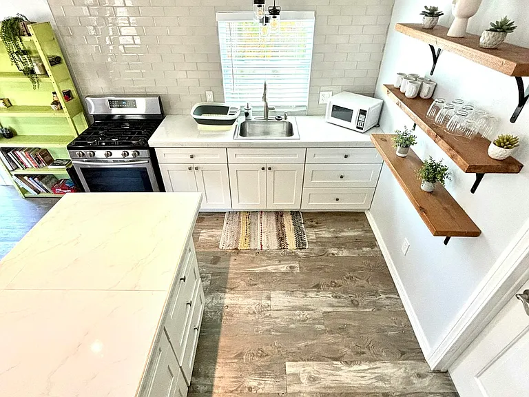 Storage on shelves & in island