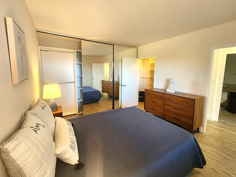 310 Bedroom with mirrored closet doors and a walk in closet
