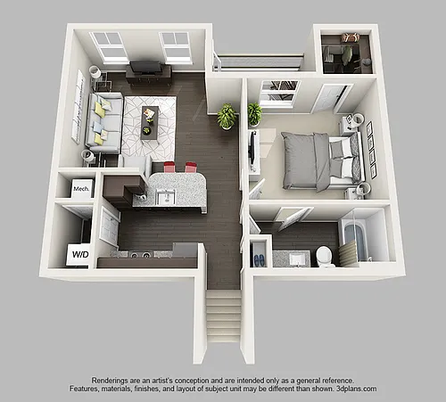 Floor plan 1 Bedroom 1 Bathroom Apartment with 801 Square Fee
