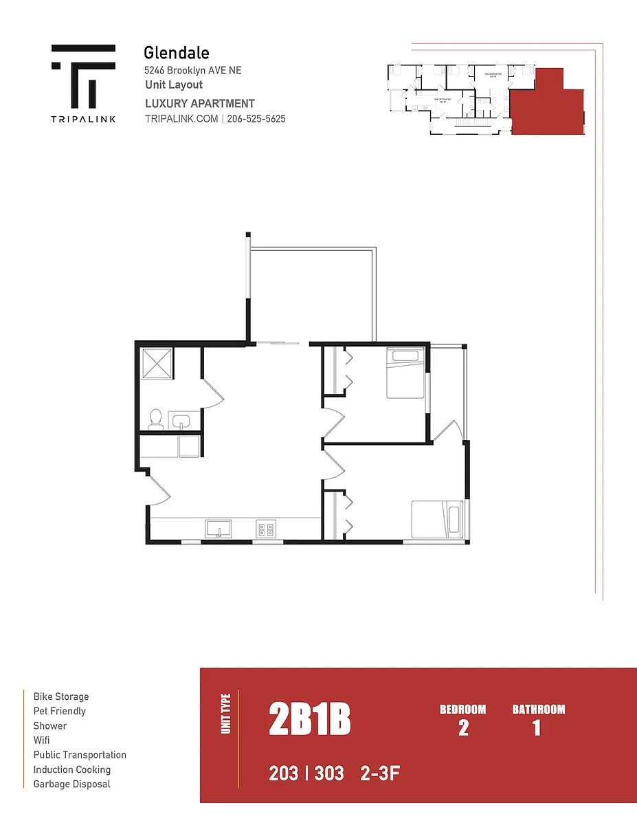 Floor plan 2 Bed 1 Bath - 520 sqft