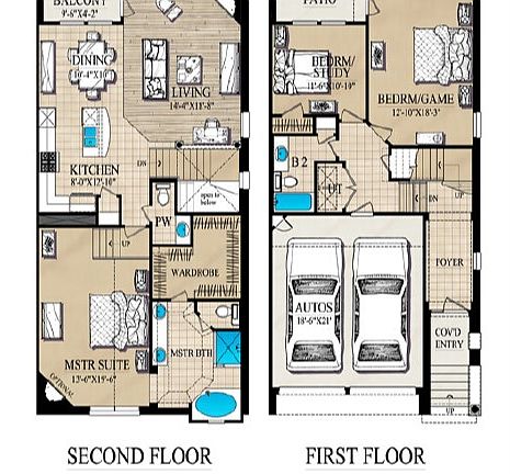 Floor plan - Split level with 2 bedrooms downstairs and one bedroom and living spaces on the second level.