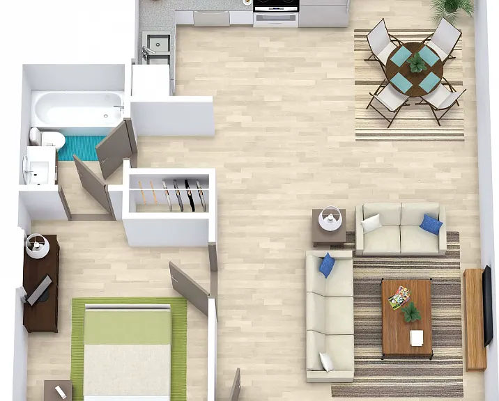 1 Bed 1 Bath 608 Floorplan Diagram