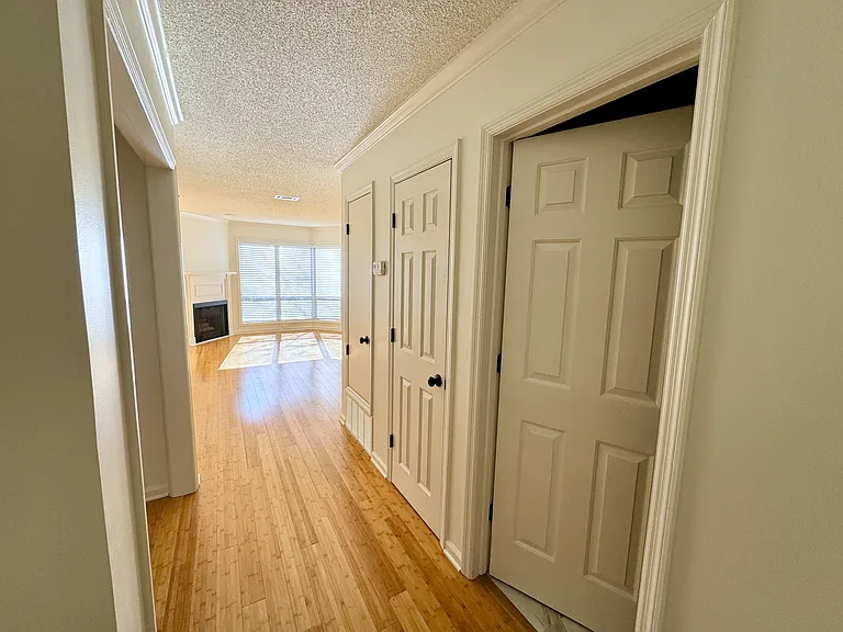 view from entry hall into living room at end, bathroom, coat/linen closet, utility closet at right