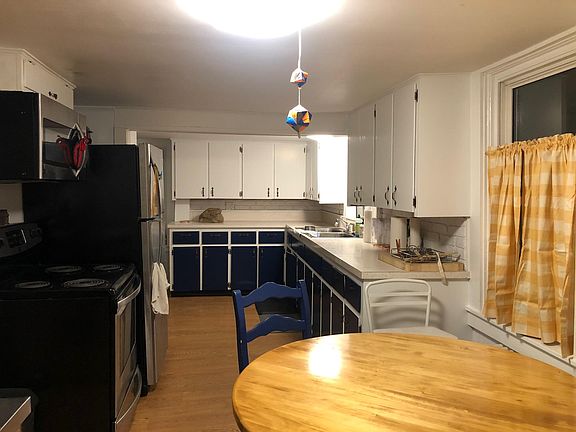 Kitchen has electric stove, breakfast nook, lots of counter and cabinet space, natural light, household basics (pots, pans, silverware, dishes, mugs, knives, can opener, etc)