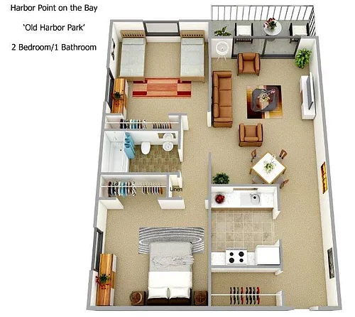 Floor plan 2 Bedroom 1 Bathroom Midrise