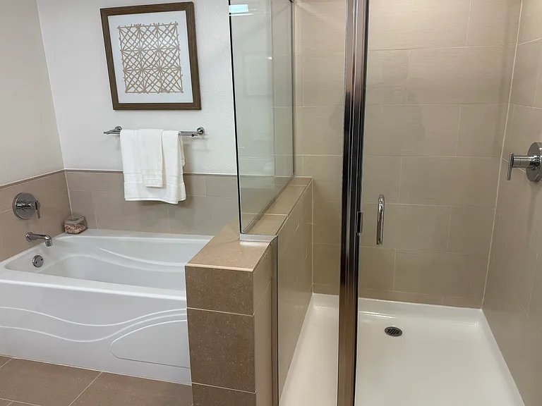 A spacious and elegant master bathroom featuring both a shower and a soaking tub.