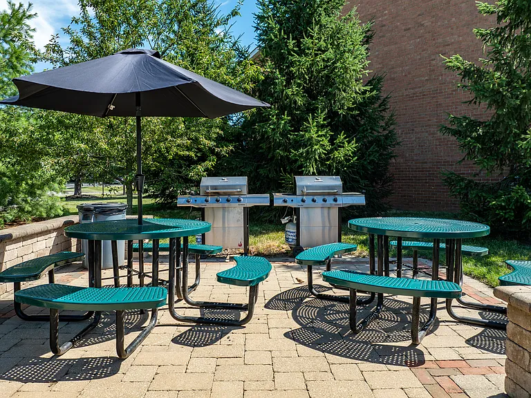 Dooley's Orchard community area showing tables, umbrellas, and grills.
