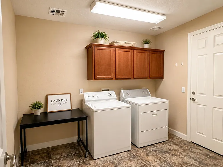 Dedicated laundry room with full-size washer and dryer, upper storage cabinetry, and durable tile flooring for easy upkeep.