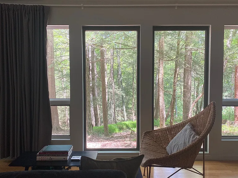 Livingroom with windows onto the woods