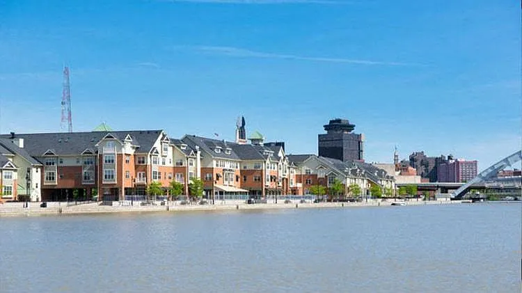 View of COrn Hill Landing from across the Genesee River looking towards the north and downtown