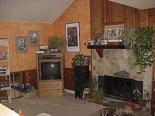 Stone fireplace and the Great Room