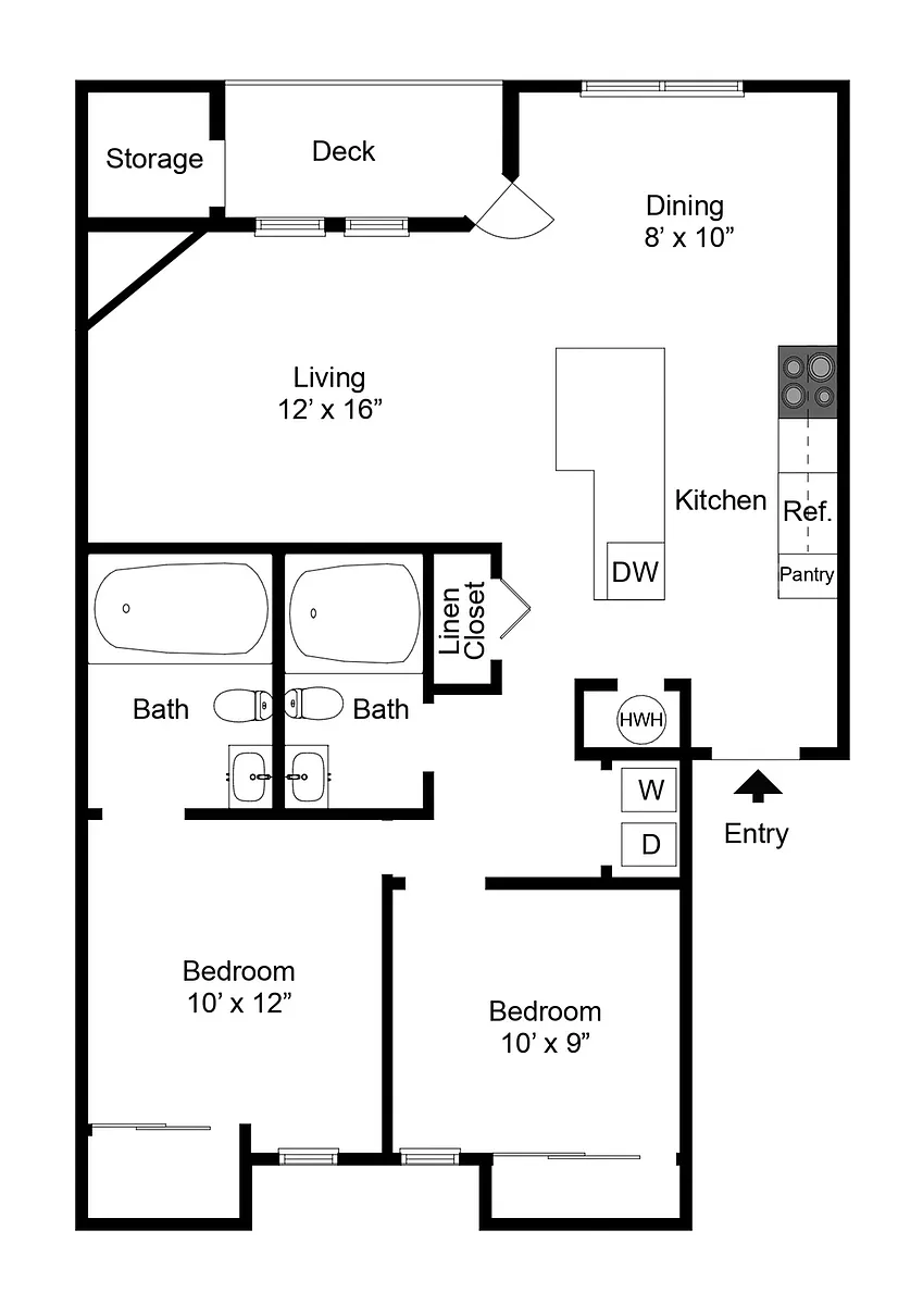 Floor plan Two Bedroom Two Bath (928 SF)