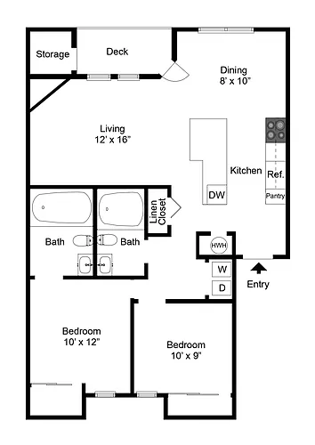 Floor plan Two Bedroom Two Bath (928 SF)
