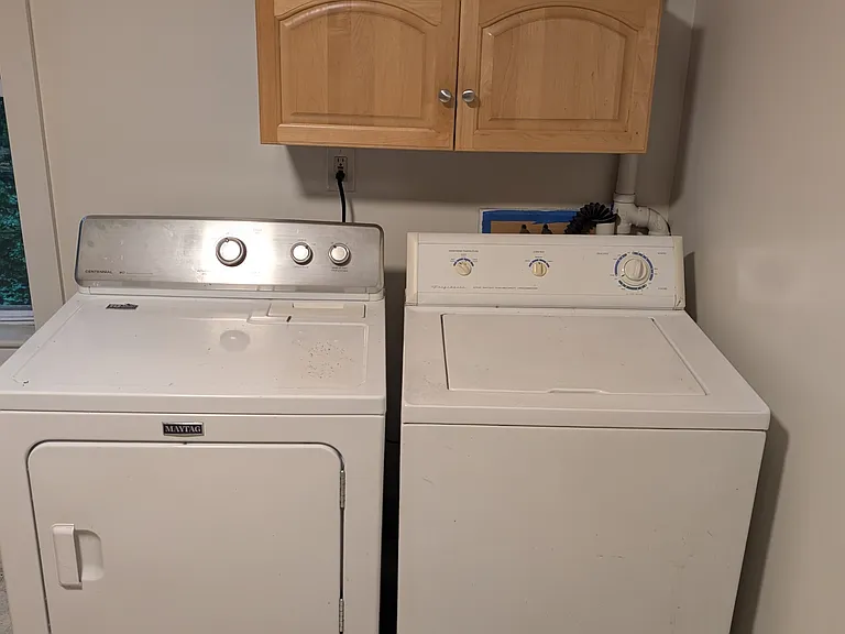 Washer and Dryer with cabinet for detergent, bleach, fabric softener, etc