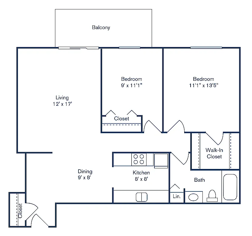 Floor plan 2 Bedroom, 1 Bath (901 sqft.)