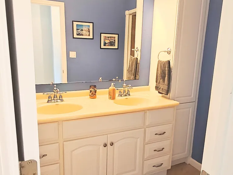 Hall bathroom. Sings are separated from showers (yes, stall shower and tub shower) and toilet by a pocket door.