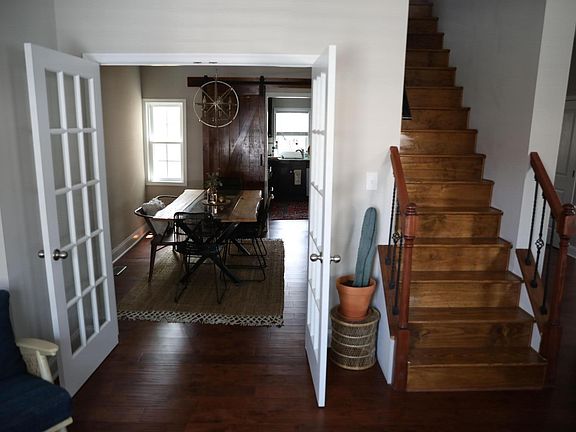 view into the dining room with French Doors