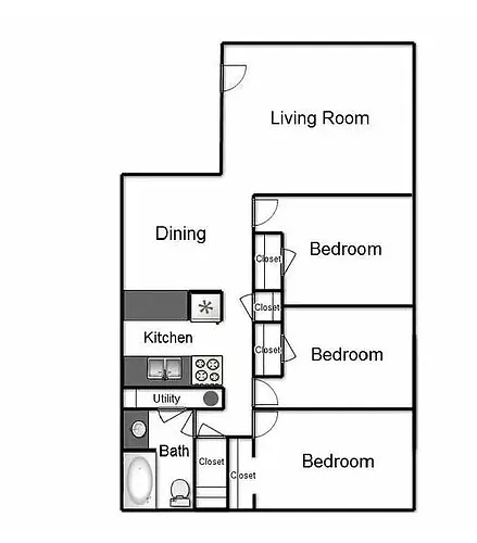 Floor plan 3 Bedroom, 1 Bath