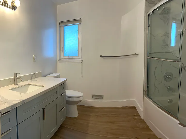 Hallway bathroom with 60" vanity and quartz top, tile floor
