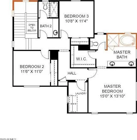2nd floor layout. Master bath is upgraded to include larger/deeper soaking tiled bath tub and larger tiled shower.