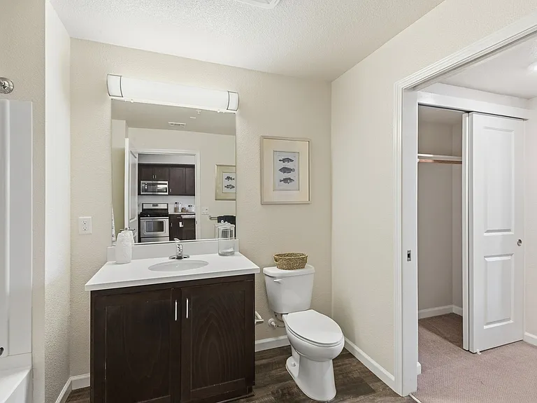 Aspire Apartments Tracy A bathroom with a toilet, sink, and mirror.