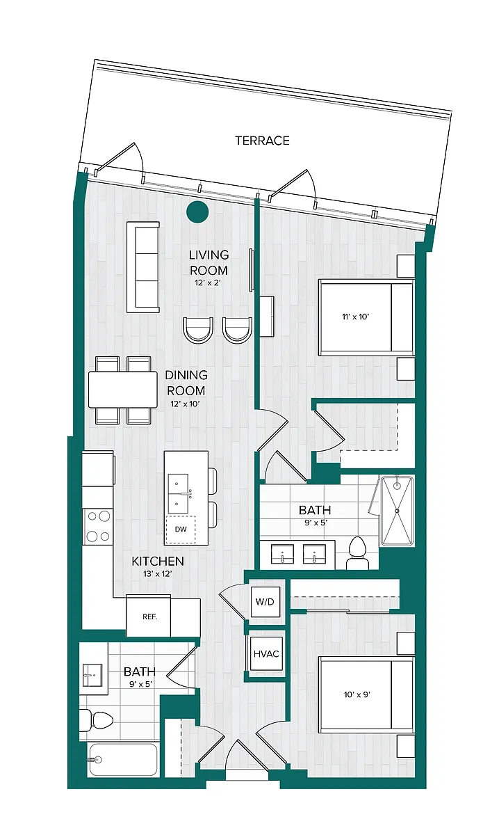 Floor plan 1 Bed 2 Bath Den-D11