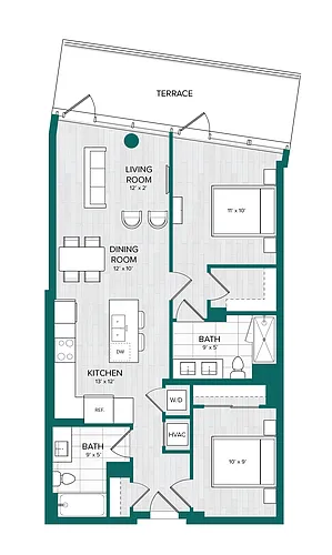 Floor plan 1 Bed 2 Bath Den-D11