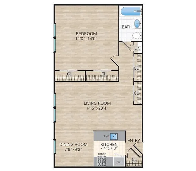 Floor plan 1 Bedroom, 1 Bath Large