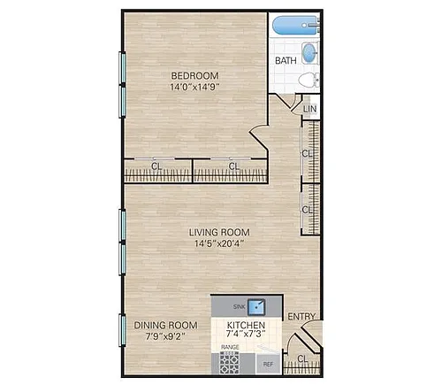 Floor plan 1 Bedroom, 1 Bath Large