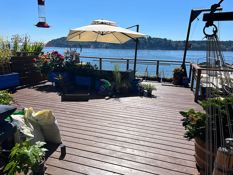 Lower deck in full bloom looking towards Gig Harbor and the Narrows Bridge.