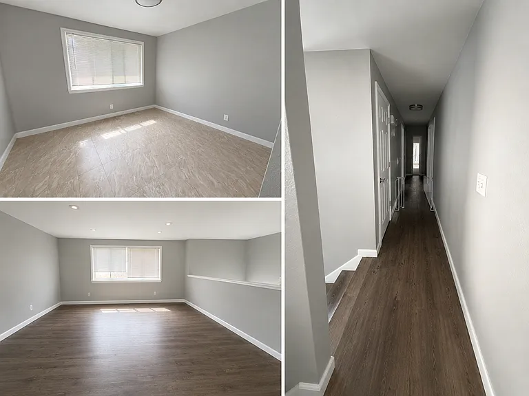 Top Left- Kitchen
Right- Hall access to upstairs rooms and bathrooms
Bottom Left - Living Room