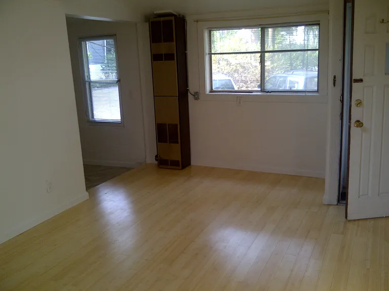 living room facing fornt door and kitchen