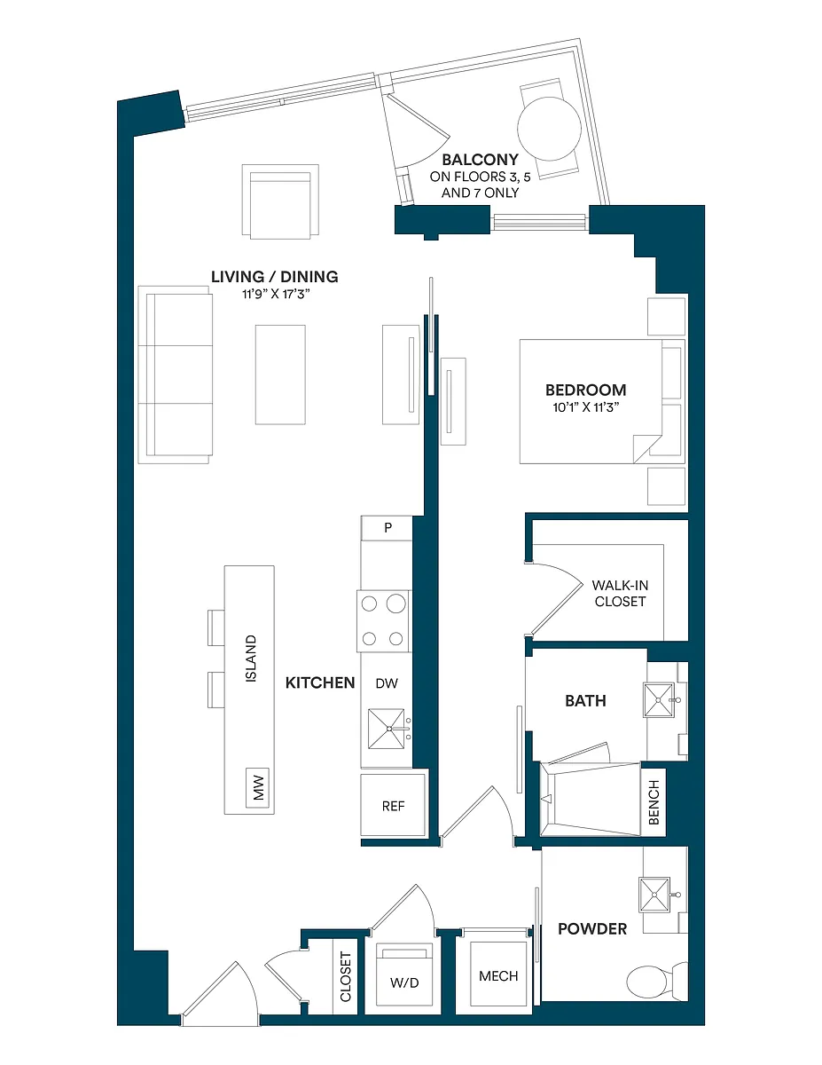 Floor plan 1 Bed/1.5 Bath-E2 TYP 15