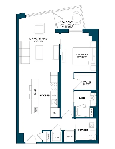 Floor plan 1 Bed/1.5 Bath-E2 TYP 15