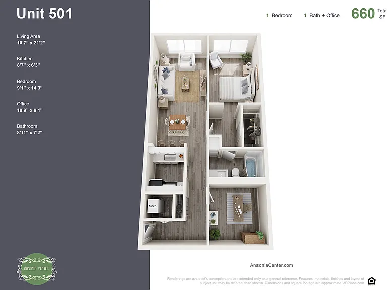 1BR/1BA+Office
