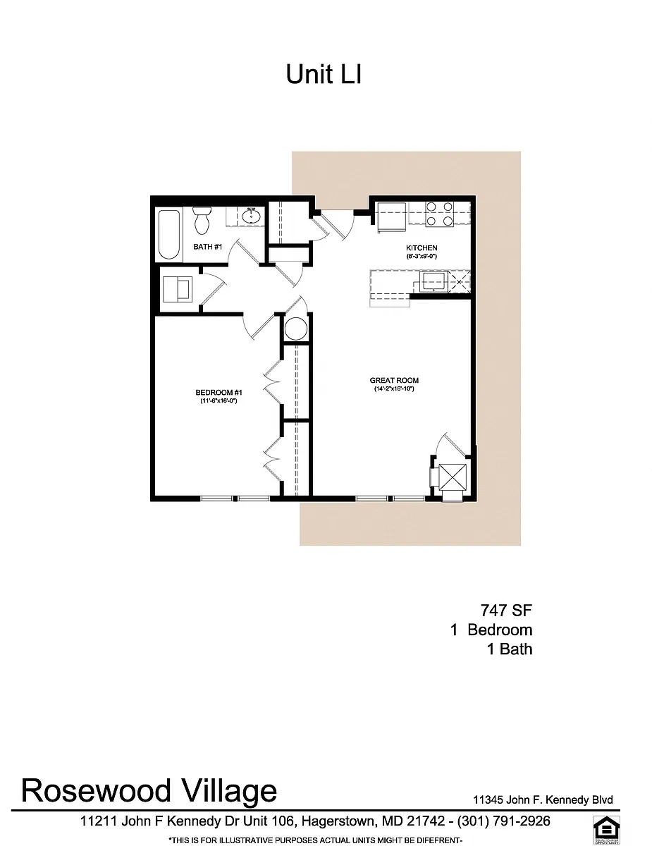 Floor plan 1 bed 1 bath LI