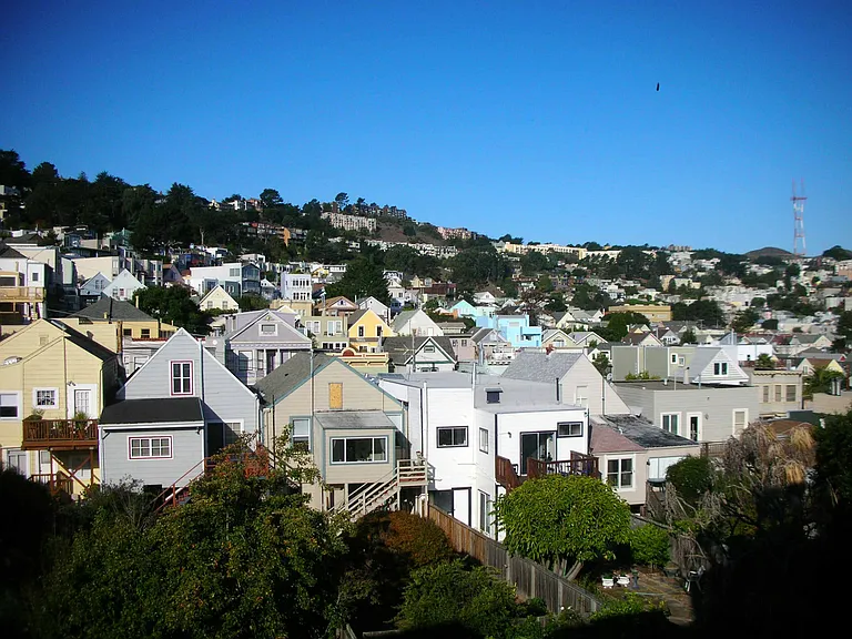 View up the hill from living room