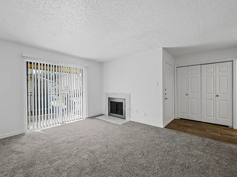 Spacious open floor plan with sliding door and fireplace