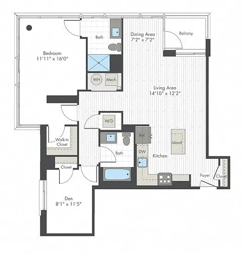 Floor plan 1 Bed/1 Bath Den-K