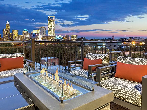 Rooftop lounge with view of Uptown Charlotte skyline