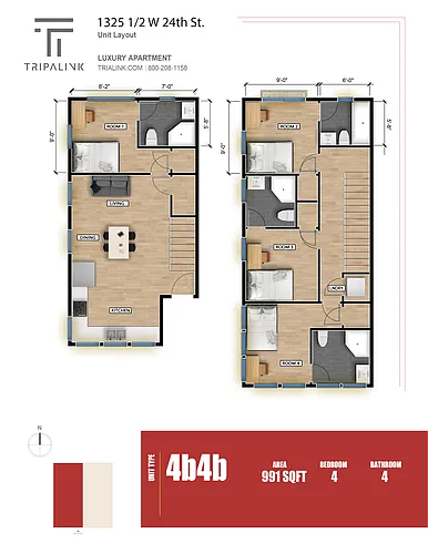 Floor plan 4 Bed 4 Bath - 991 sqft