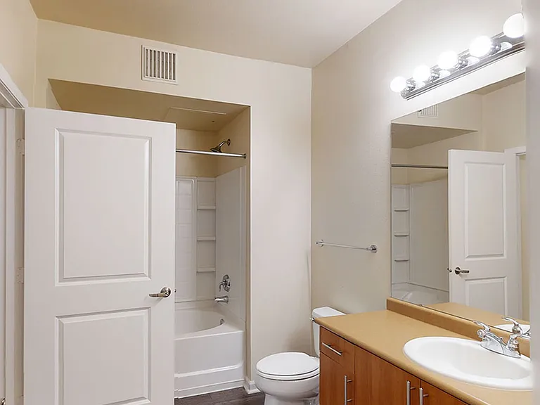 Apartment bathroom with wood-style flooring.