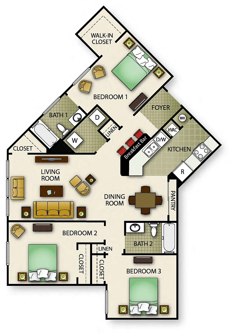 Floor plan Three Bedroom Two Bath (b)